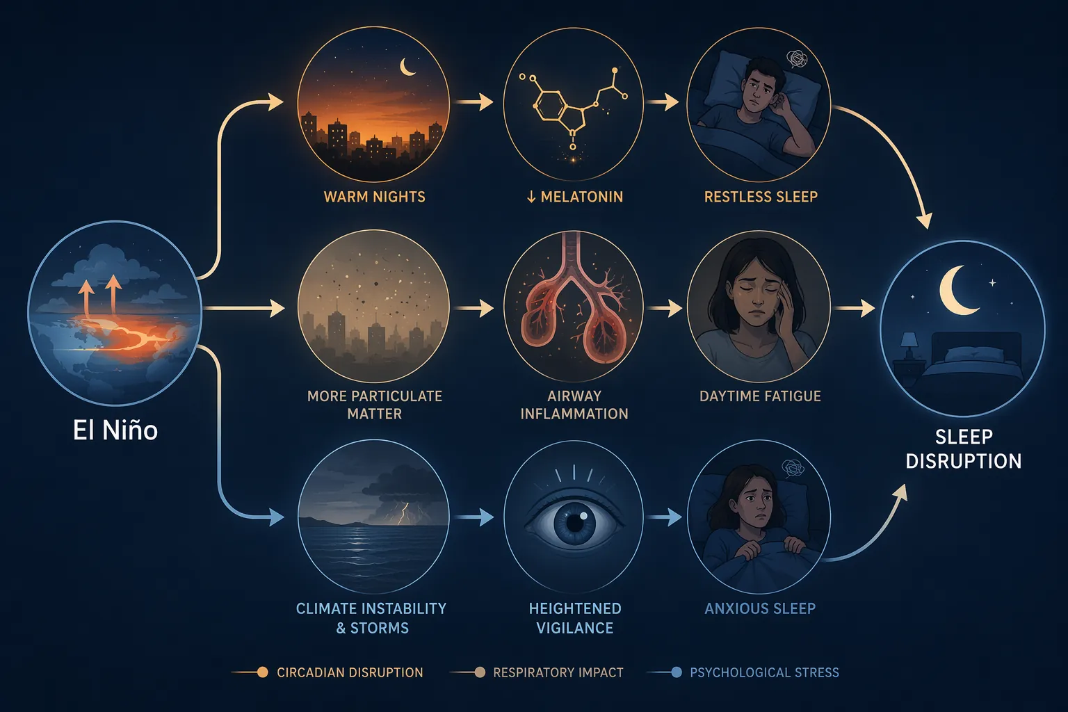 Infographic-style illustration of three pathways from El Niño to sleep disruption: warm nights, PM2.5 air quality, and storm anxiety