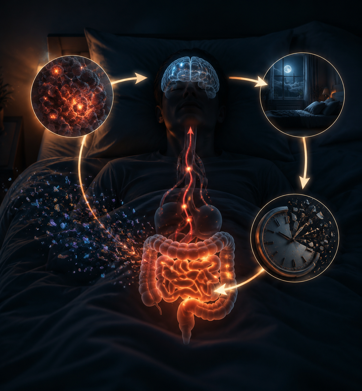 Human silhouette in bed with a glowing digestive tract and feedback pathways linking gut disruption to fragmented sleep