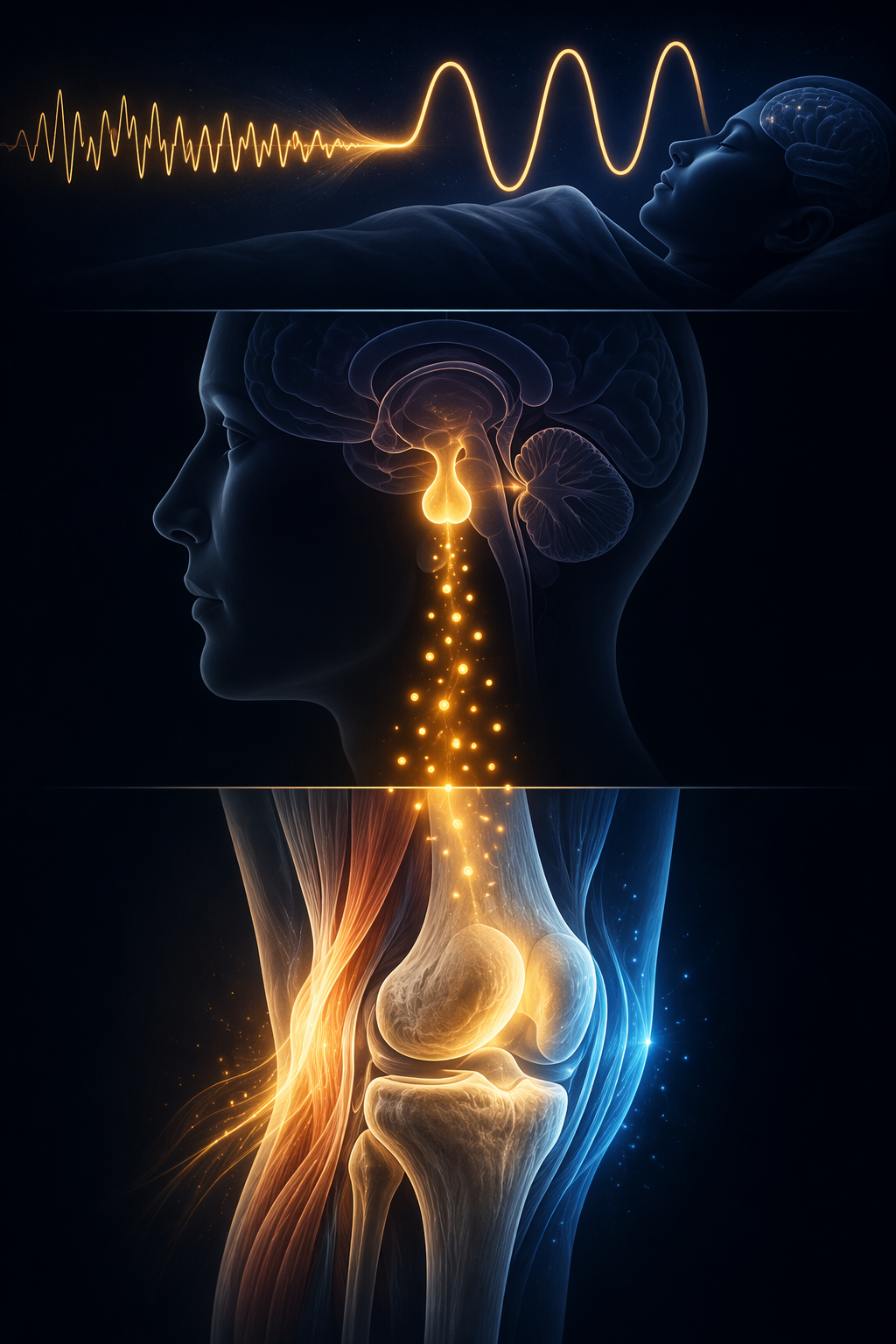 Illustration of slow-wave sleep triggering pituitary growth hormone pulses that support knee tissue repair