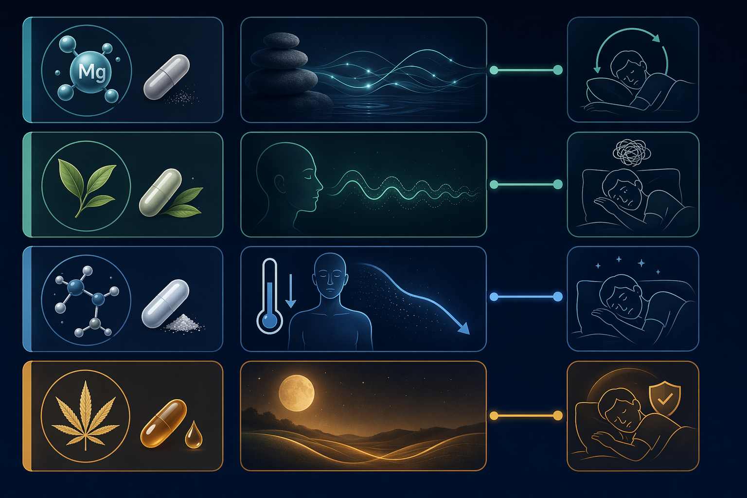 Decision-map comparison of magnesium glycinate, L-theanine, glycine, and CBN matched to different sleep complaints