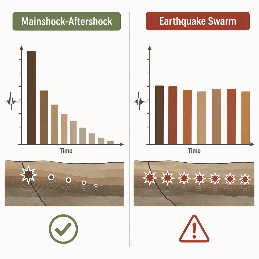 Diagram comparing a mainshock-aftershock pattern with an earthquake swarm pattern
