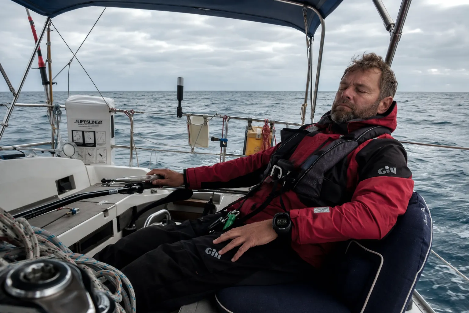 A solo sailor taking a disciplined cockpit catnap with a timer visible at sea