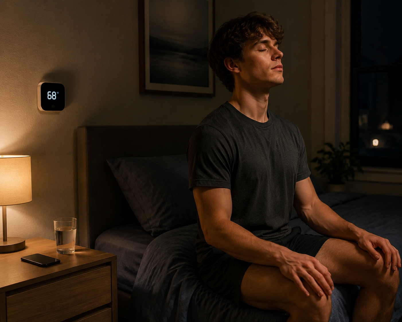 A calm bedroom with a phone face-down, a thermostat reading 68°F, and a person practicing deep breathing