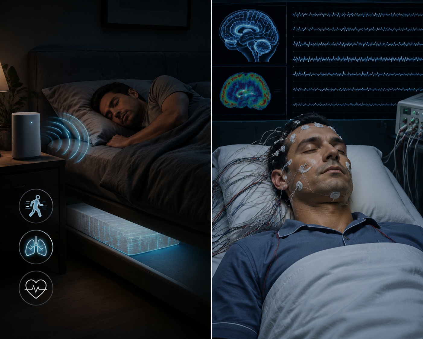 Side-by-side comparison of contactless bedroom sleep sensing and sleep lab EEG monitoring