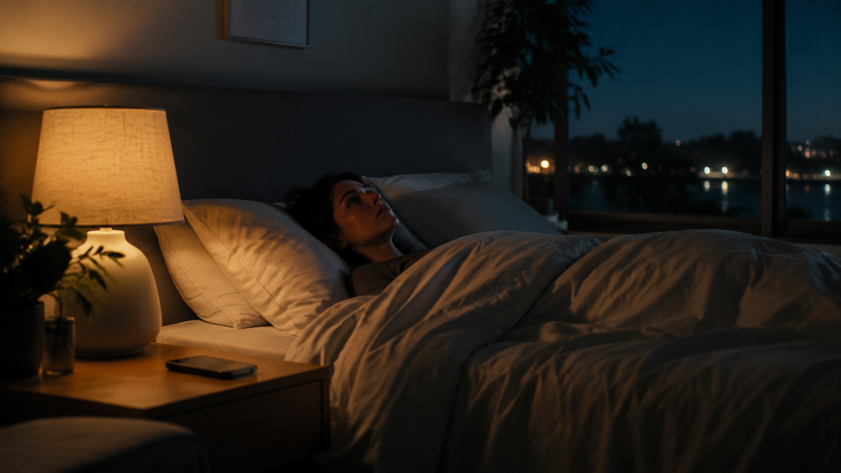 A person lies awake in a calm bedroom at night with a smartphone on the nightstand