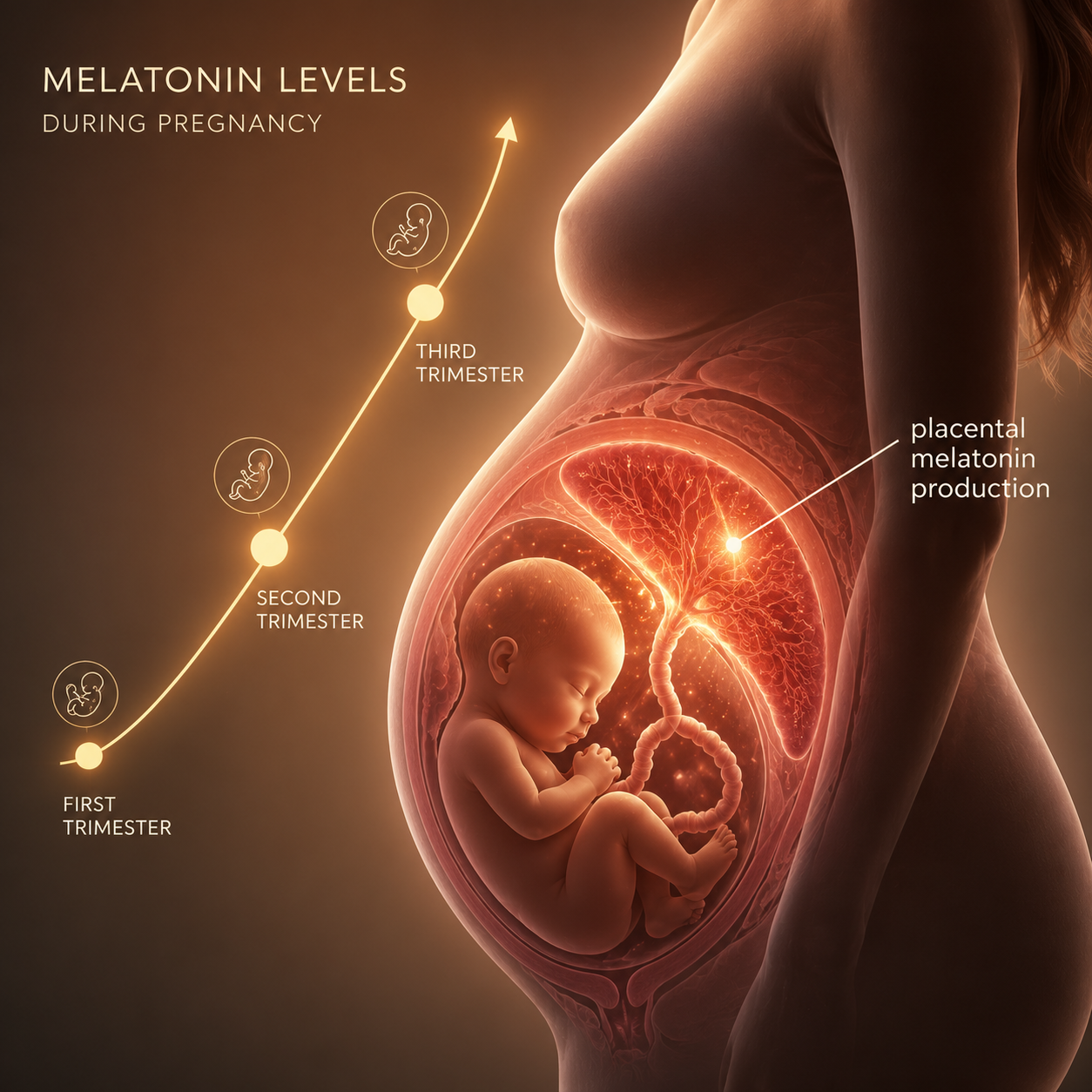 Medical illustration showing melatonin levels rising across pregnancy with placental melatonin production highlighted