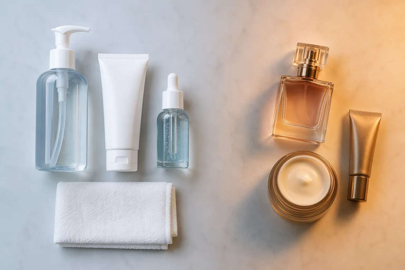 Flat-lay comparing gentle nighttime skin care products with fragrance, heavy cream, and retinoid products