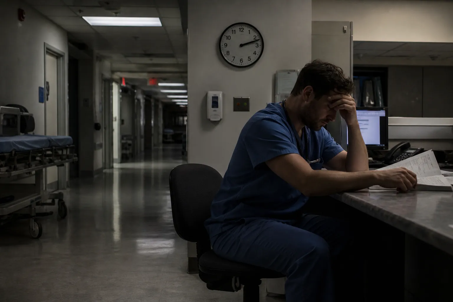 Fatigued physician reviewing a chart at a hospital nursing station late at night