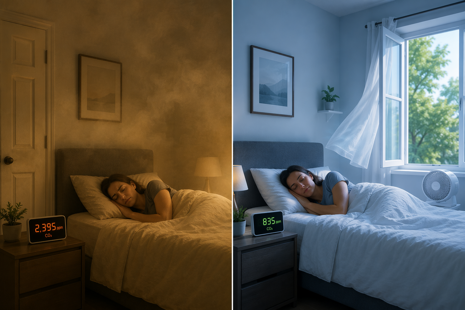 Side-by-side bedroom comparison showing 2,395 ppm CO2 in a sealed room and 835 ppm CO2 with fan-assisted fresh air