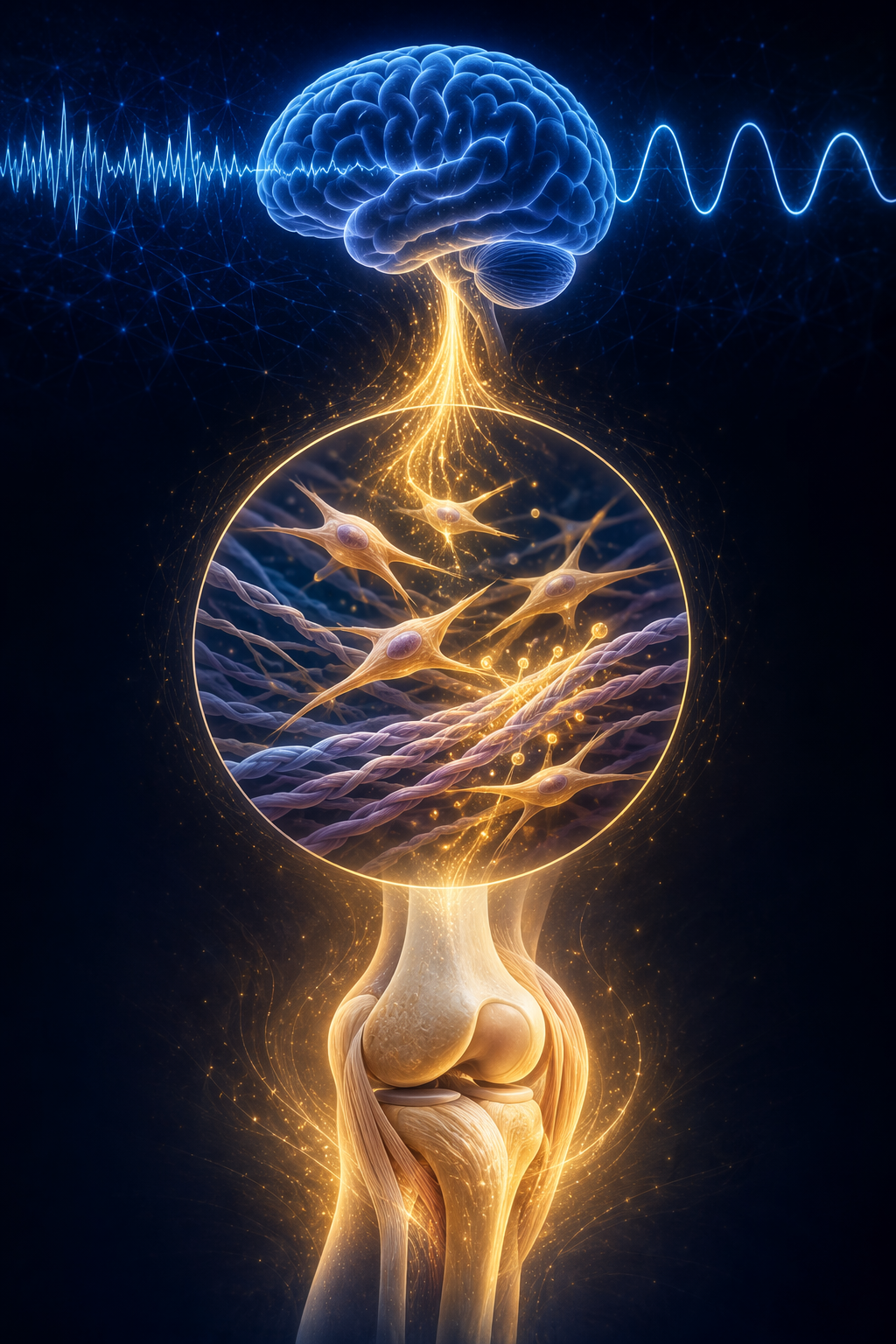 Conceptual illustration of deep sleep waves leading to fibroblasts, collagen fibers, and a glowing knee joint