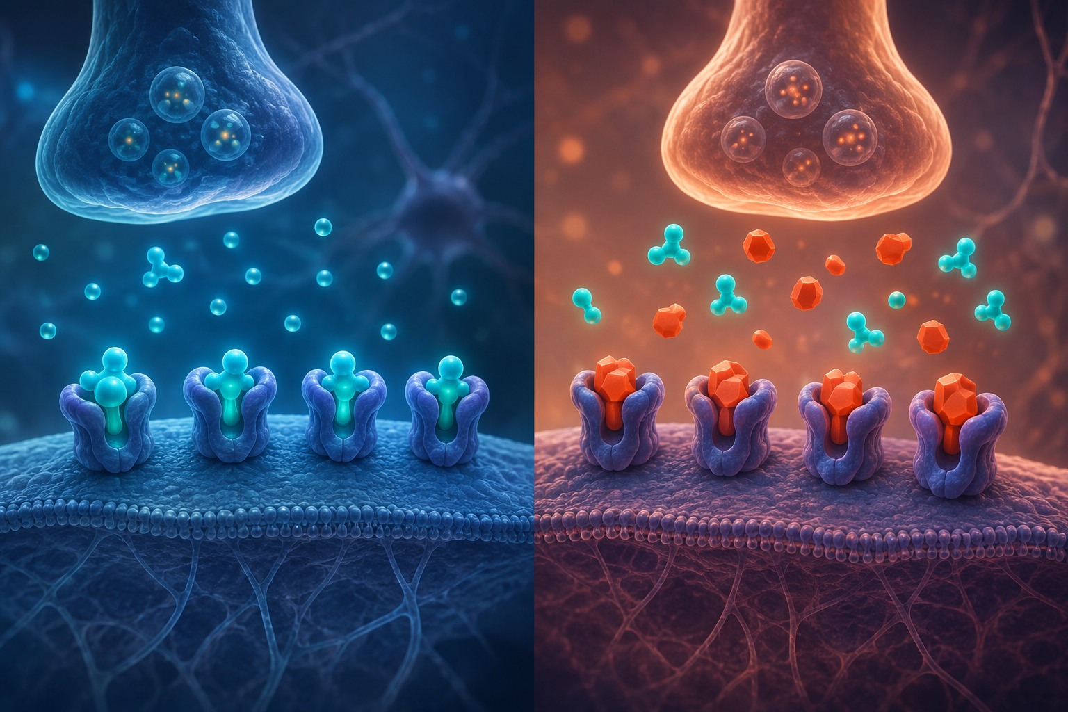 Adenosine and caffeine molecules competing for receptor sites on a neuron membrane