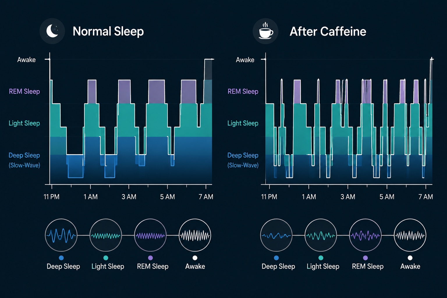 Comparison of normal sleep architecture with thicker deep sleep bands and sleep after caffeine with fragmented deep sleep and more wake intrusions