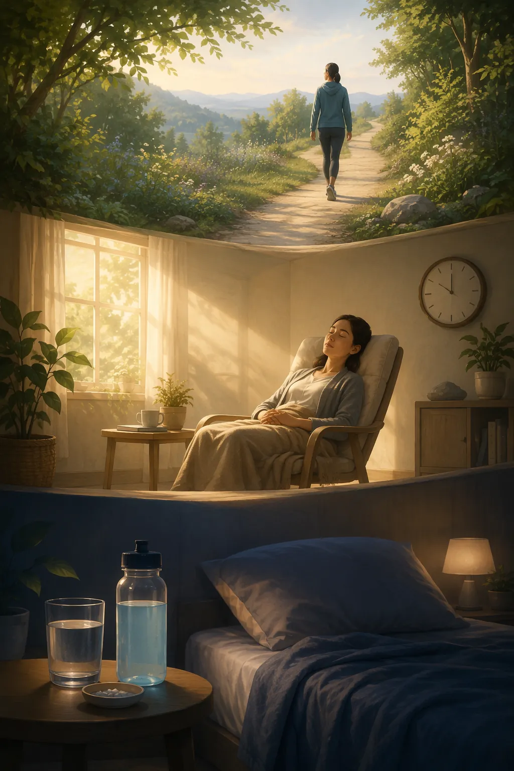 Three-stage recovery journey from acute rest and rehydration to timed naps and morning light, then gradual paced walking