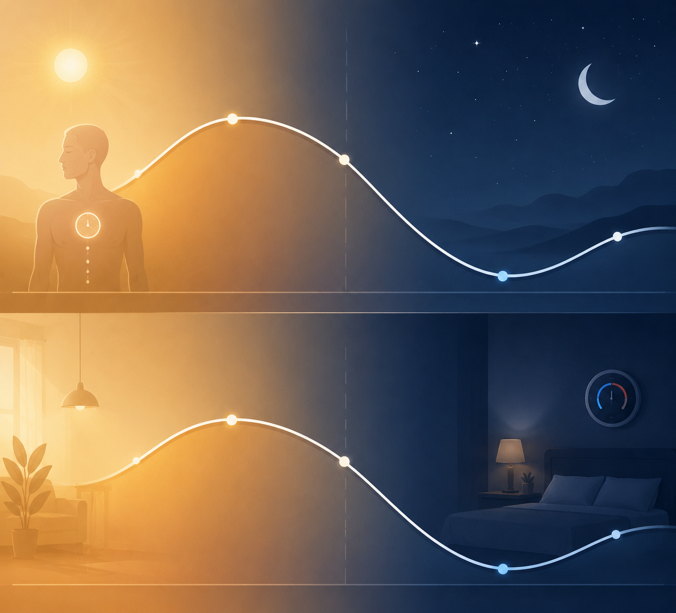 Two aligned 24-hour curves showing the body's nighttime temperature dip and a bedroom temperature schedule cooling at night