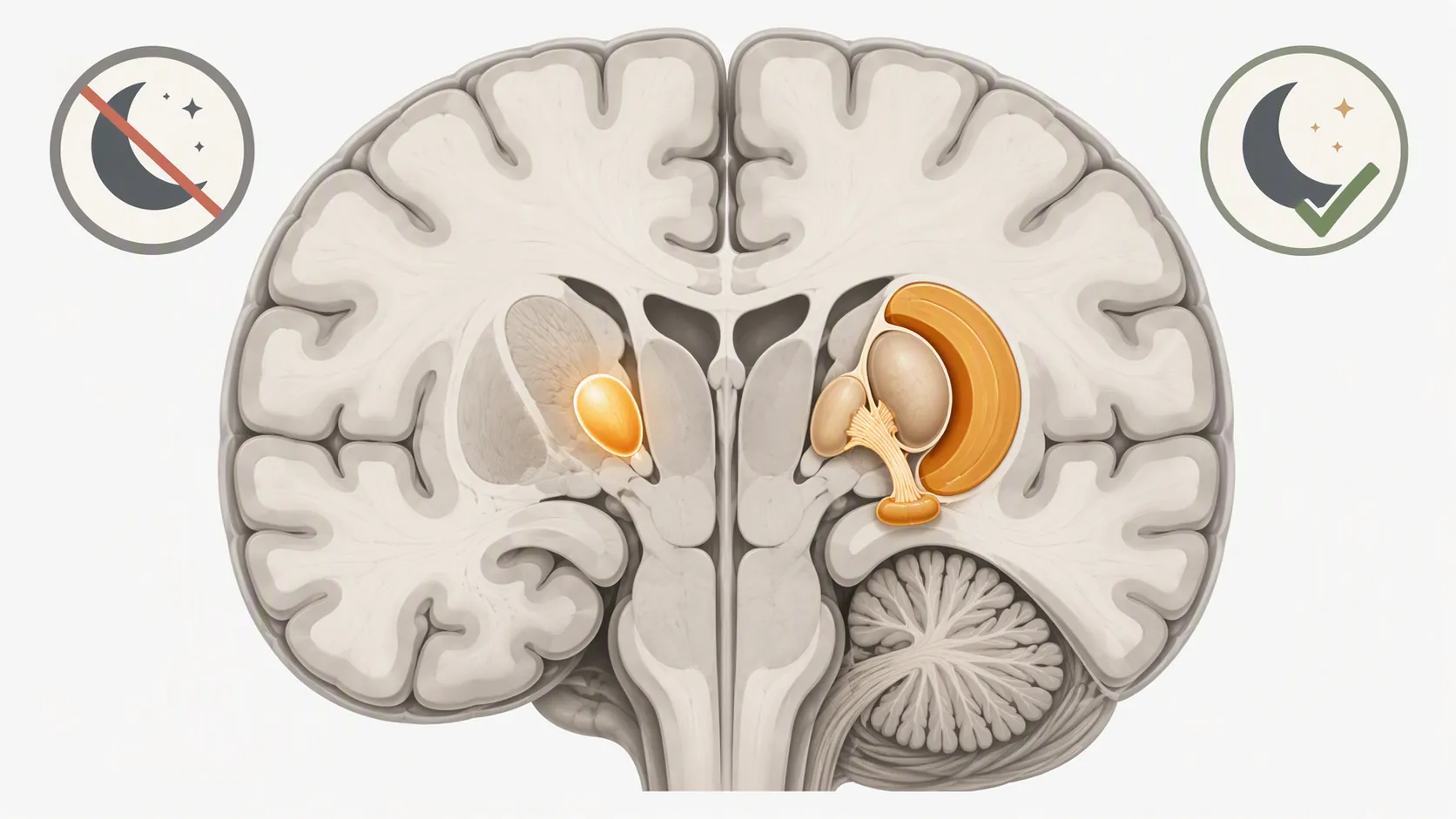 Brain diagram comparing thalamus and pallidal targets with different sleep improvement signals
