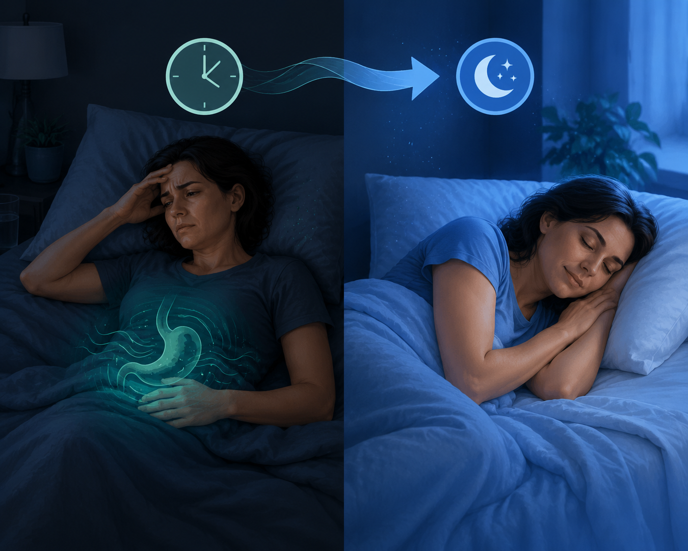 Split illustration of early restless sleep with stomach discomfort and later peaceful sleep after months of treatment