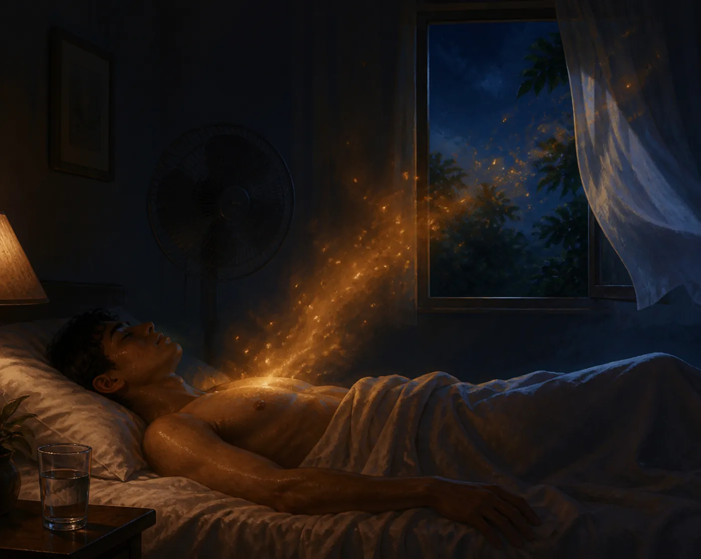 Person sleeping in a warm bedroom as body heat rises toward an open window, with a fan and glass of water nearby