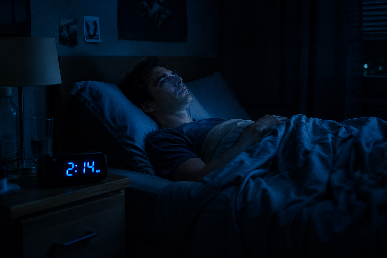 A tired person lies awake in a dim bedroom while a digital clock glows 2:14 AM.
