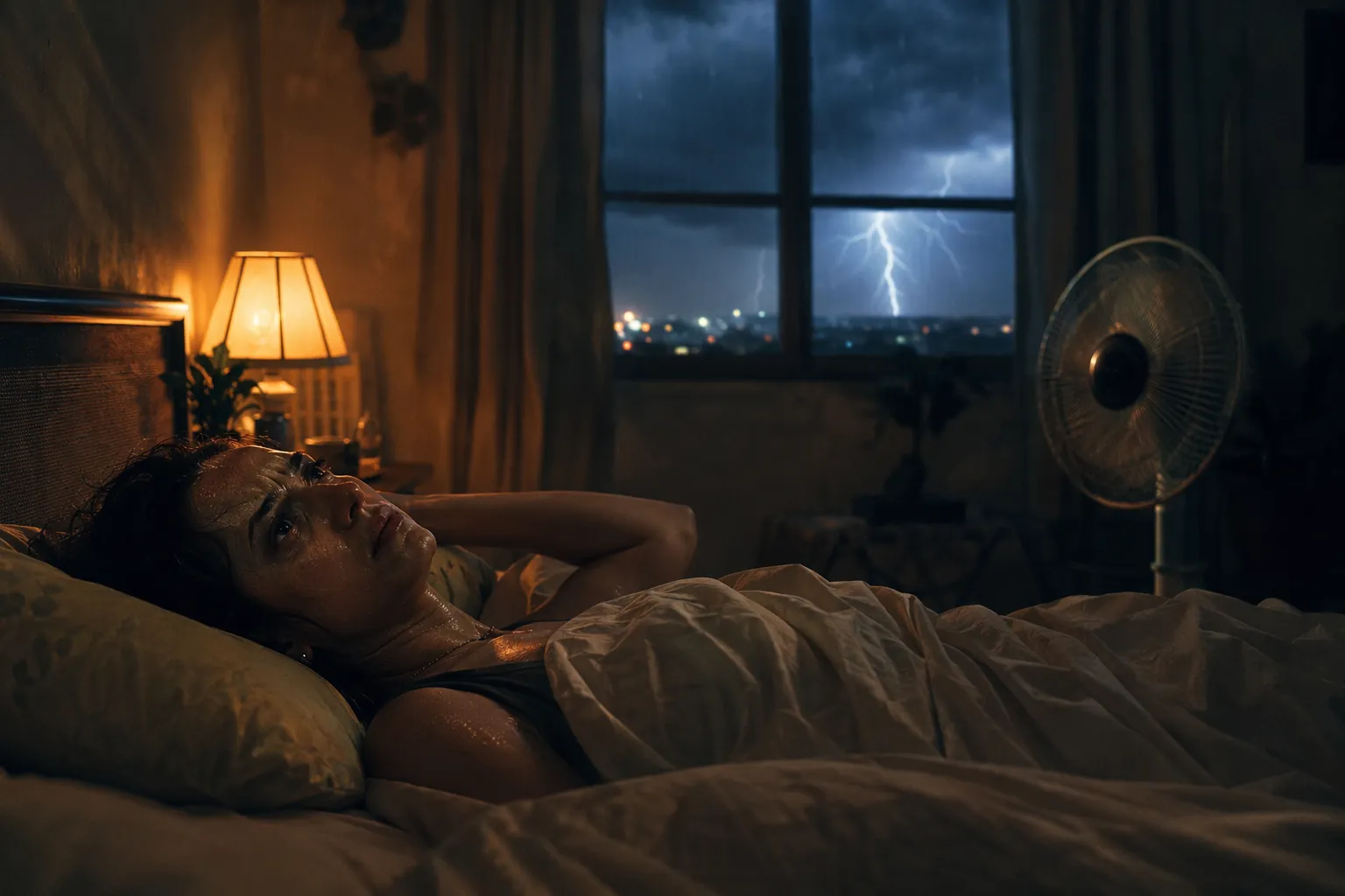 Person sweating in bed during a thunderstorm with lightning outside and a fan that is not cooling the room enough