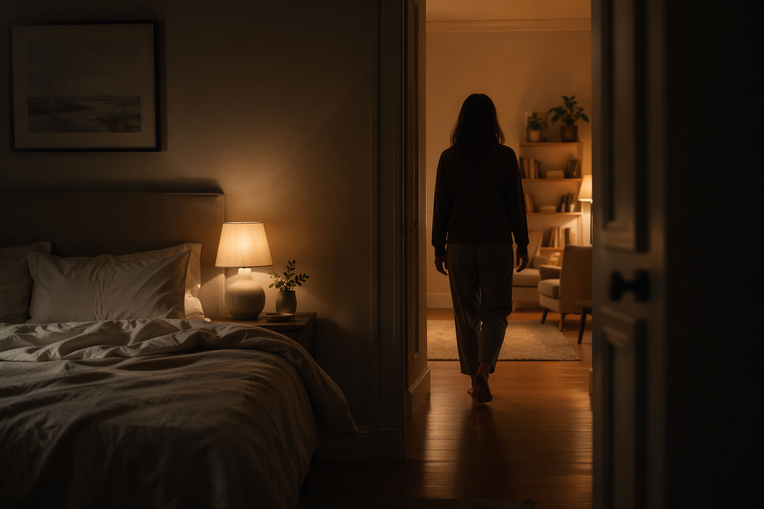 Person leaving a dim bedroom for a softly lit living area after being unable to sleep