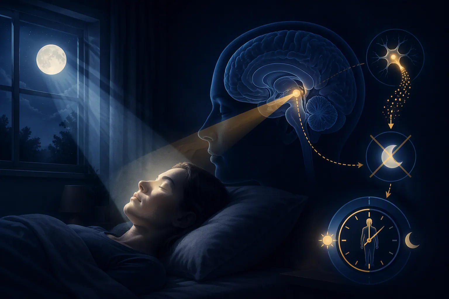 Moonlight reaching a sleeping person with a circadian clock and pineal gland illustration