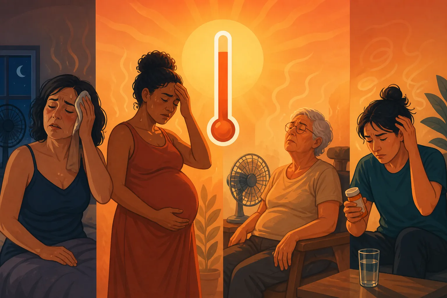Four vulnerable people represented during a heat wave, including a perimenopausal woman, a pregnant person, an older adult, and an adult near medication
