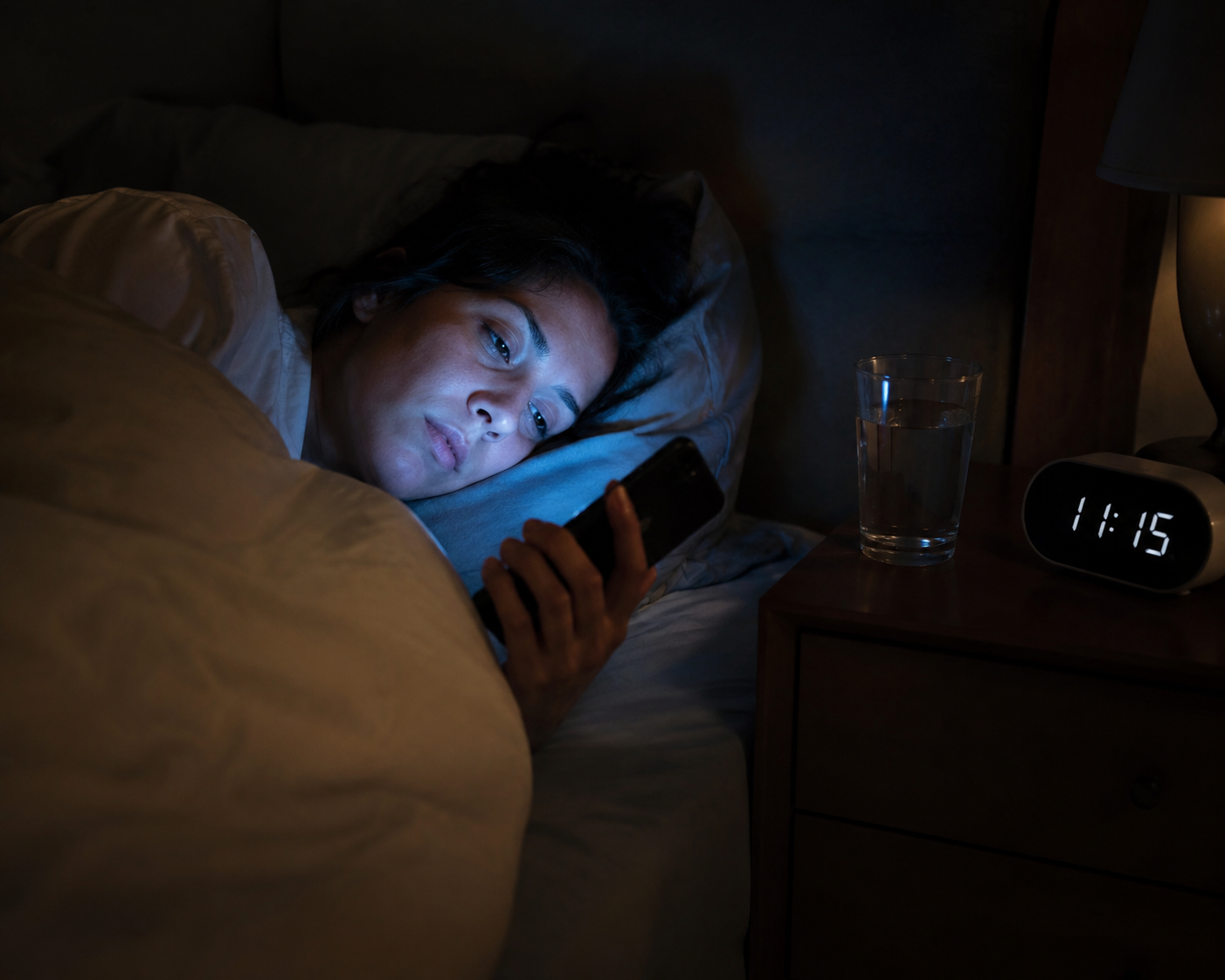Exhausted adult lying in bed at night holding a glowing smartphone