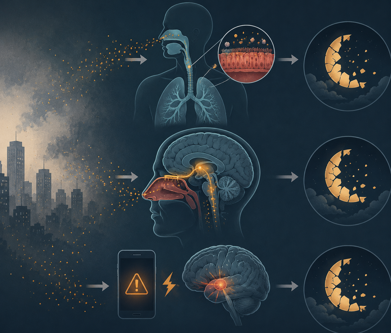 Infographic showing respiratory, olfactory nerve, and stress-response pathways linking polluted air to fragmented sleep