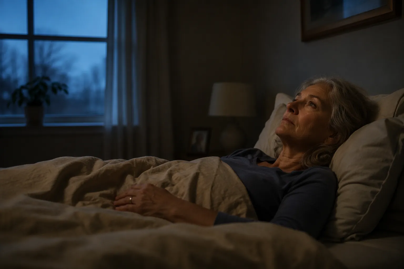 A woman lying awake in bed in blue pre-dawn light