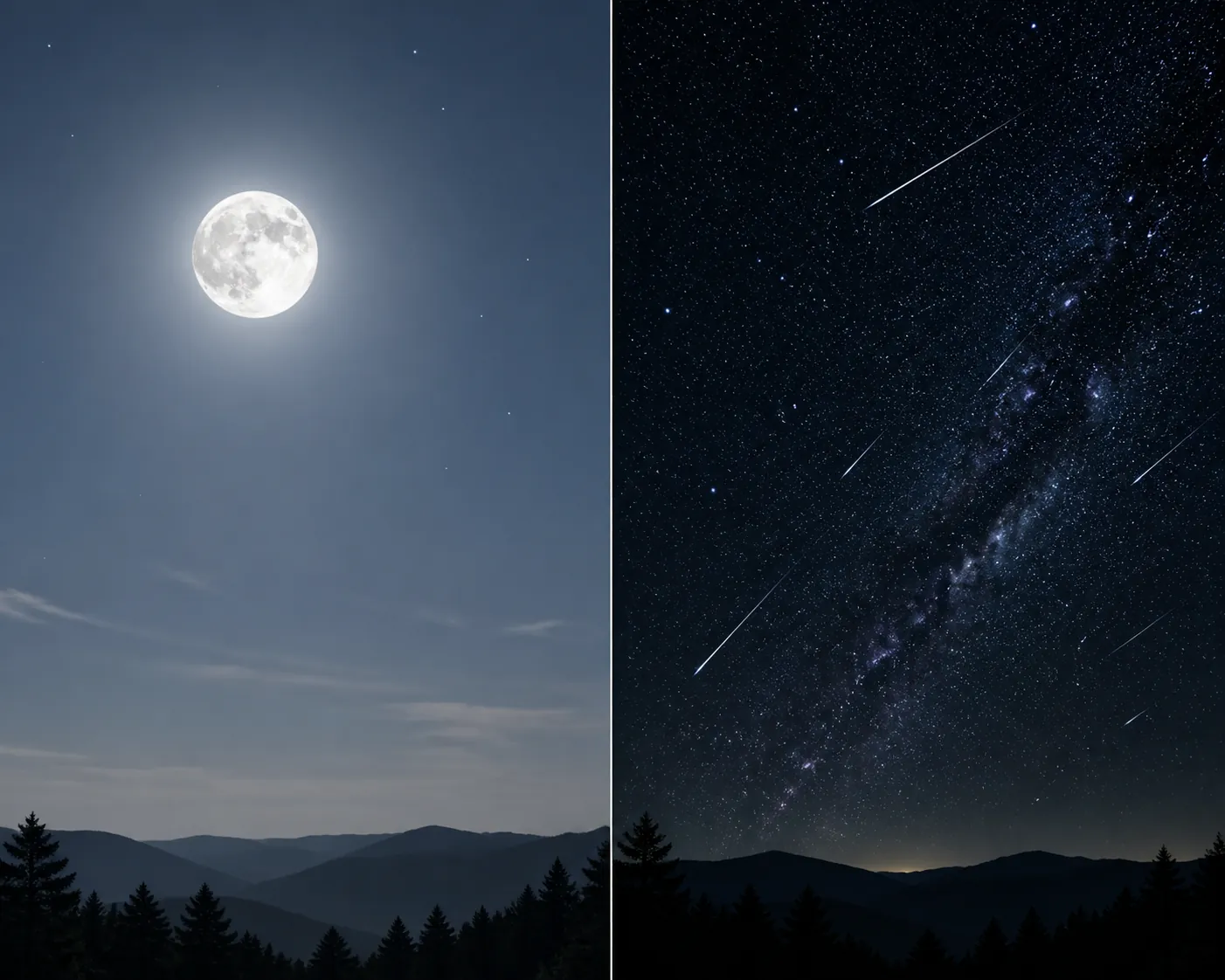 Comparison of a moonlit sky with few stars and a dark new-moon sky with meteors