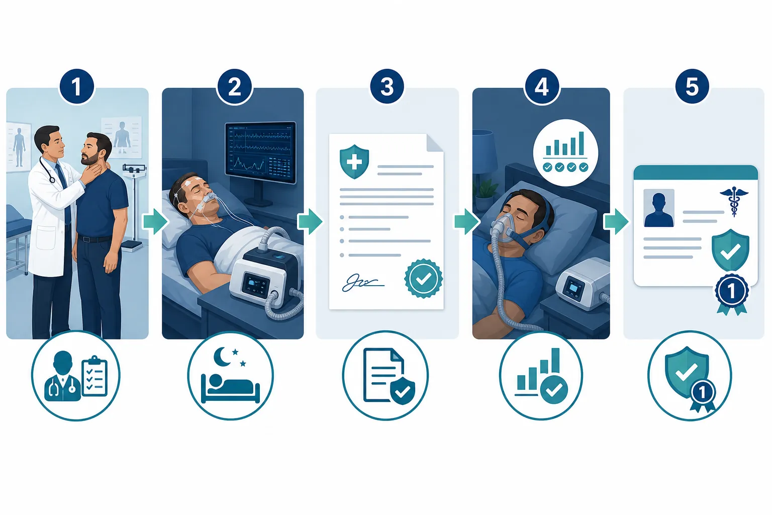 Illustration of the DOT physical, sleep study, conditional certification, CPAP compliance report, and one-year medical card pathway