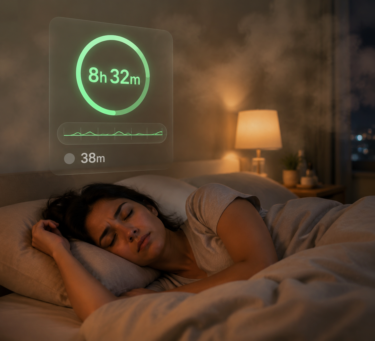 Person sleeping in a hazy bedroom while a sleep tracker shows long total sleep and low deep sleep