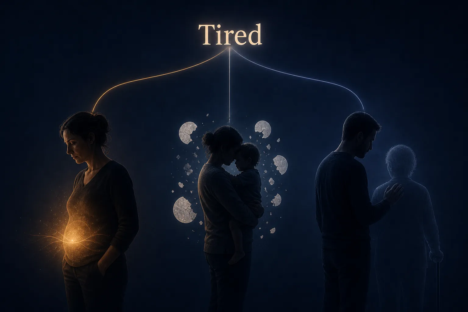 Illustration of tiredness splitting into perimenopause, parenting, and caregiving sleep patterns