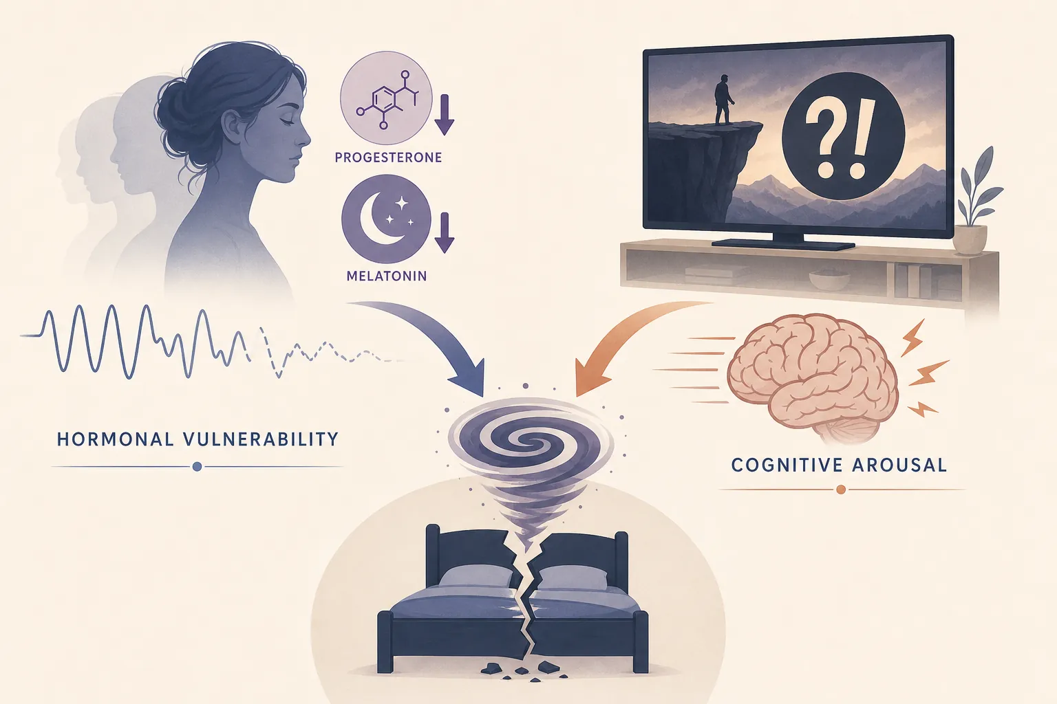 Infographic showing hormonal sleep vulnerability and binge-watching arousal converging into disrupted sleep