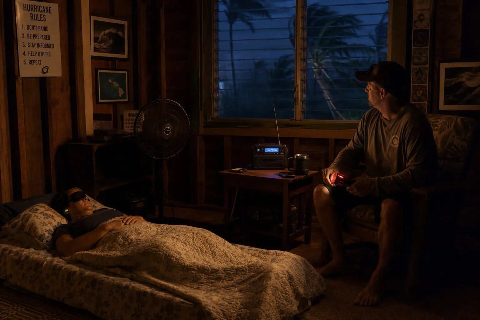 Two adults coordinating sleep shifts in a Hawaii home during a hurricane with radio, flashlight, bedding, and battery fan