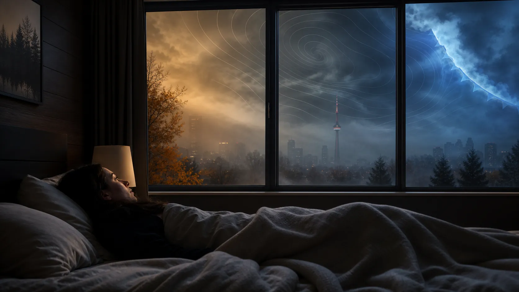 Canadian bedroom at night with warm haze, storm lines, particulate matter, and a cold front outside the window