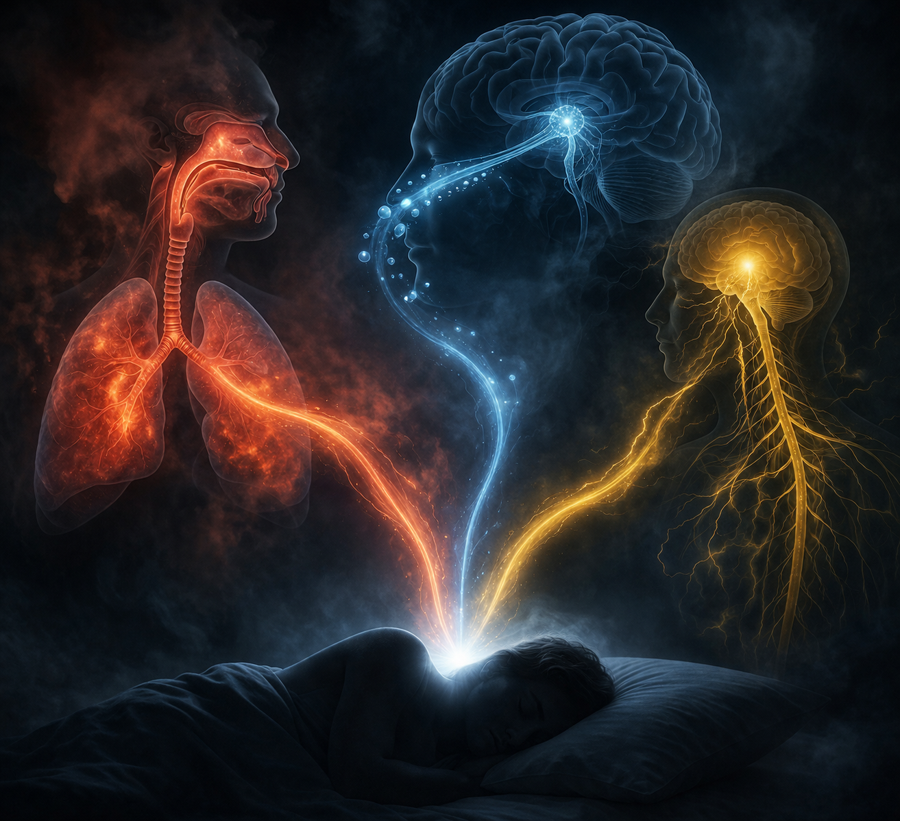 Sleeping person with airway, particle, and stress pathways converging during smoky conditions