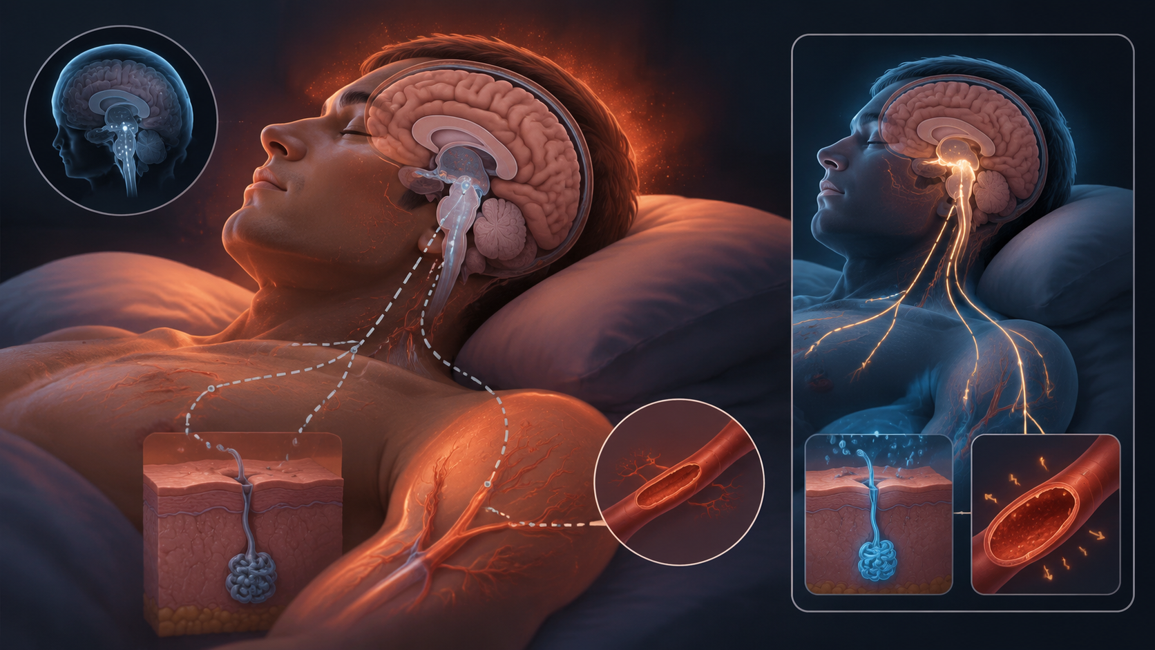 Illustration of suppressed thermoregulation during REM sleep under heat stress
