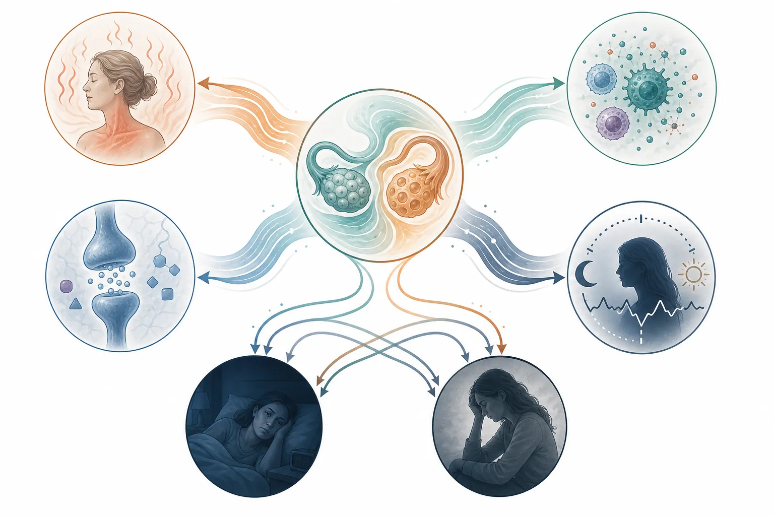An editorial illustration showing perimenopause hormone changes branching into thermoregulation, inflammation, neurotransmitter, and circadian pathways that converge on insomnia and depression