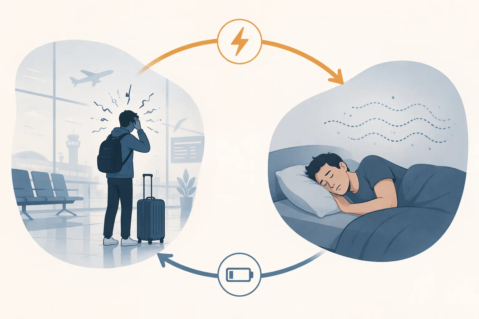 Editorial diagram of a tense airport traveler and a disrupted sleeper connected by arrows showing a bidirectional stress and fatigue cycle