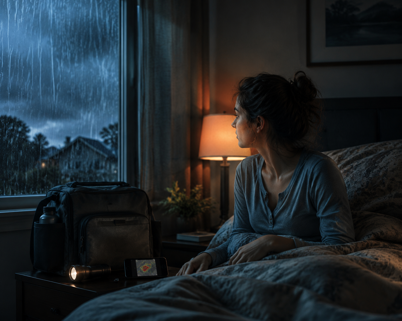 A dim bedroom at night during a rainstorm with a packed go-bag, flashlight, and phone showing a weather alert on the nightstand