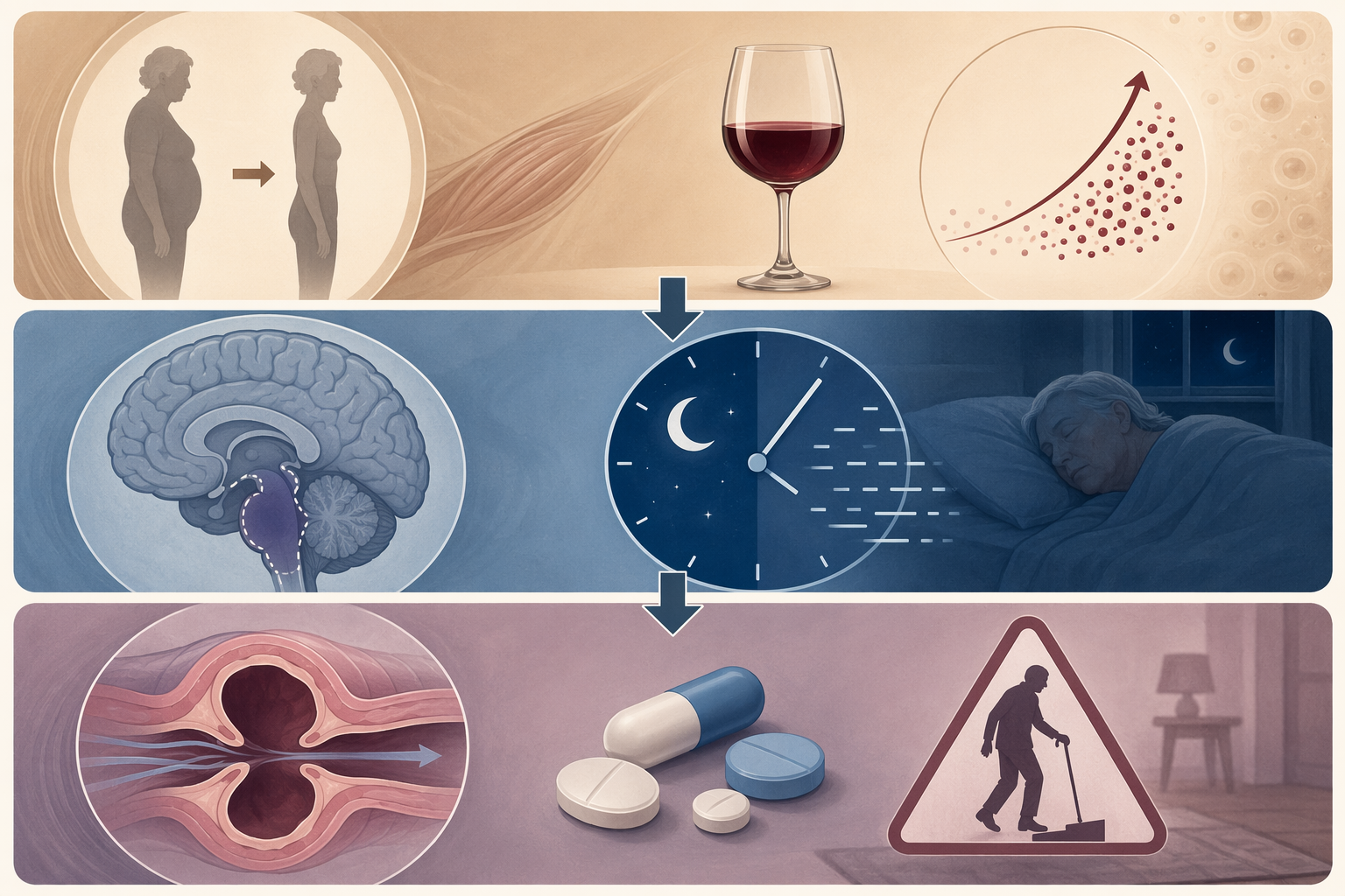 Diagram showing aging, wine concentration, disrupted REM sleep, breathing risk, medications, and fall risk