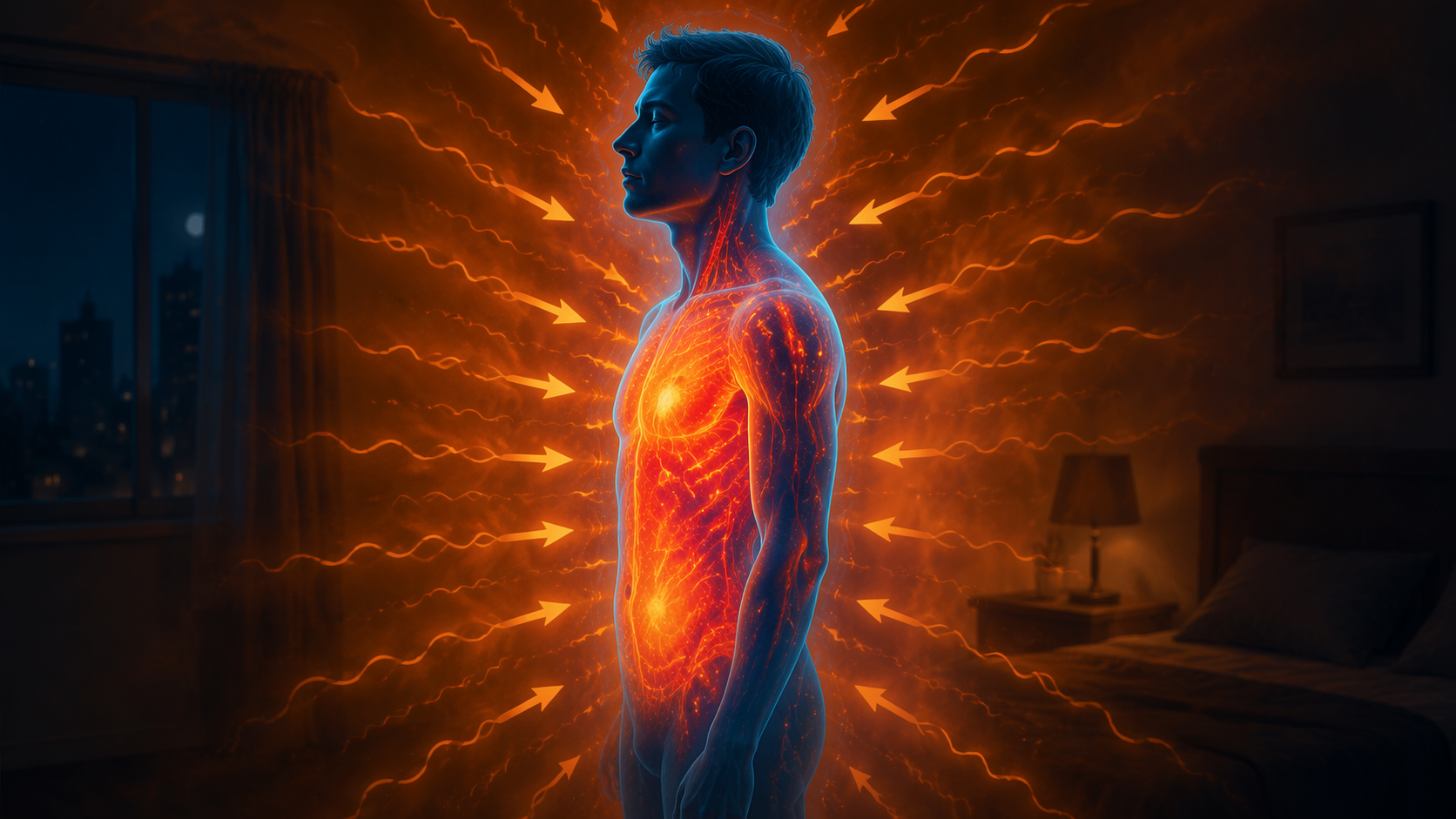 Human body heat trying to radiate outward while hot surrounding air presses inward