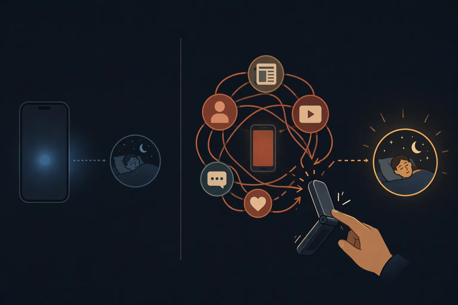 Illustration comparing the small effect of blue light with the larger effect of interrupting bedtime content loops