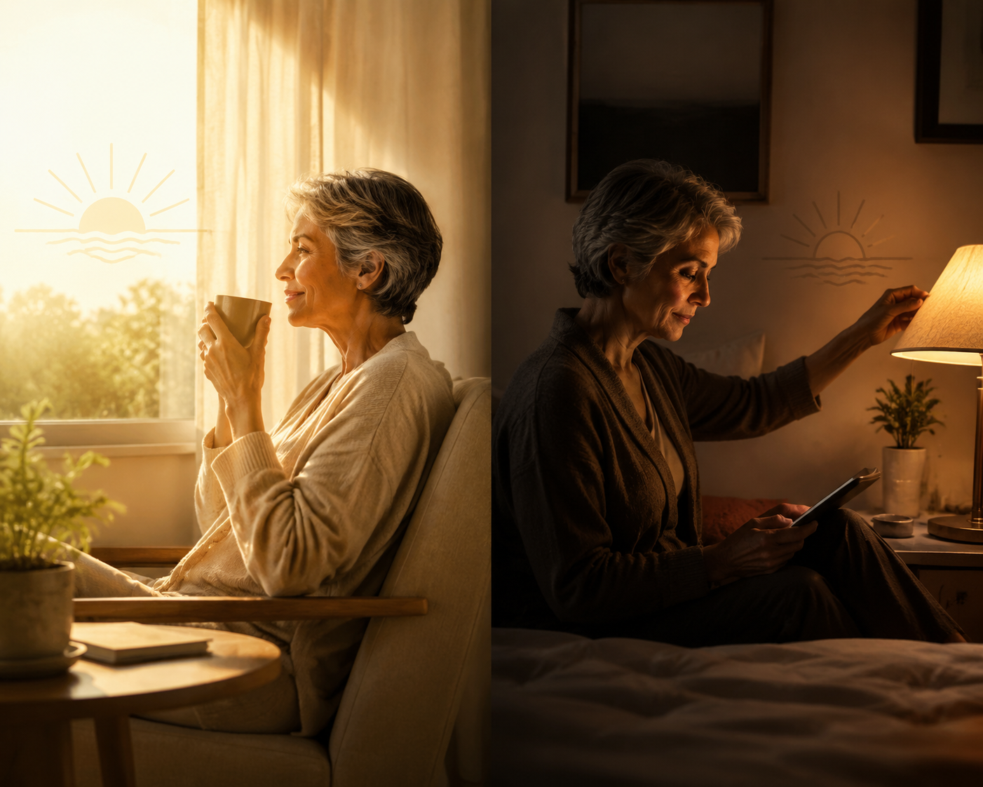 Older adult using bright morning light and dimmer evening lighting to support circadian timing