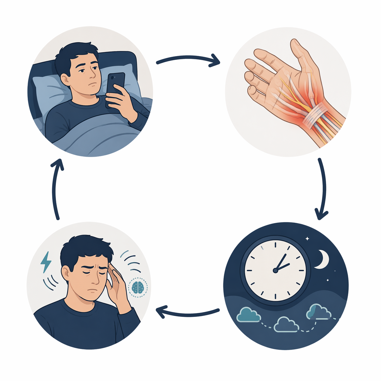 Editorial diagram showing a feedback loop from phone use in bed to irritated hand tissues to fragmented sleep and back to phone use