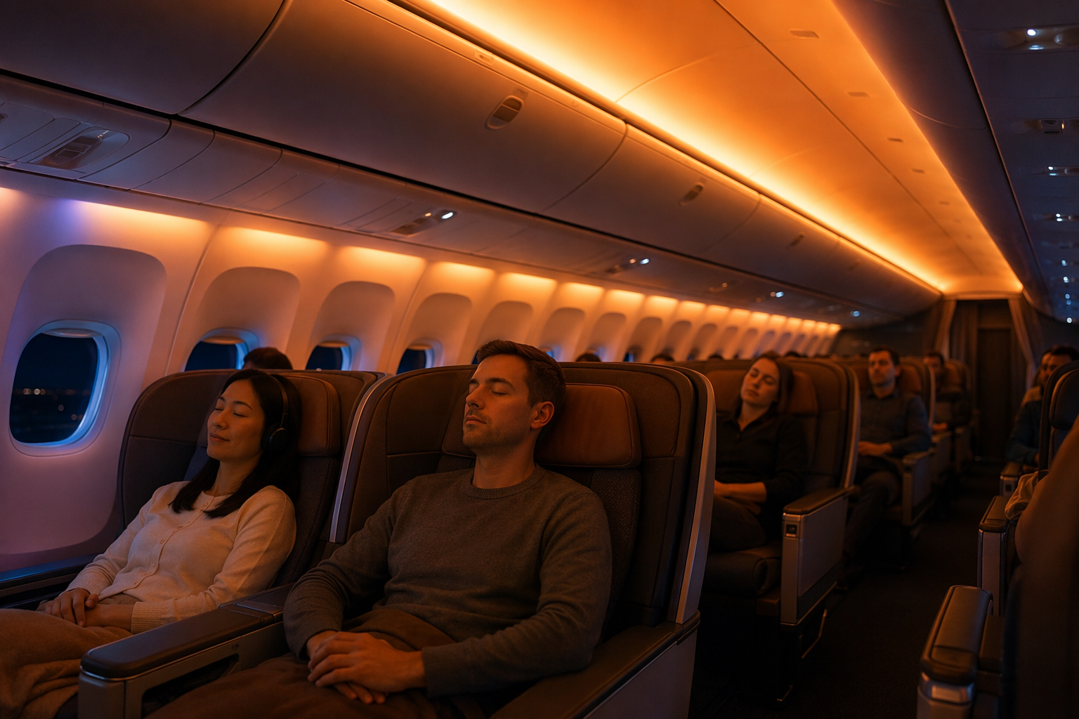 Aircraft cabin with warm amber and soft orange LED lighting simulating sunset while passengers relax