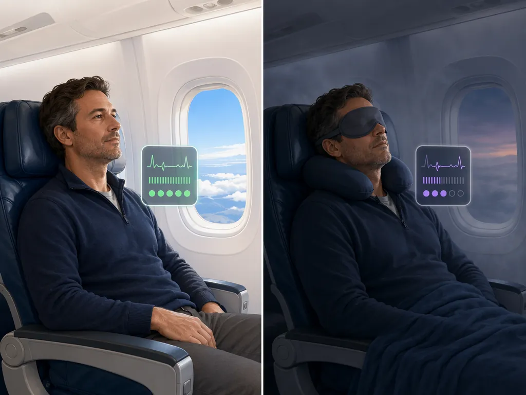 Split illustration of an aircraft passenger awake with normal oxygen saturation and asleep with lower saturation