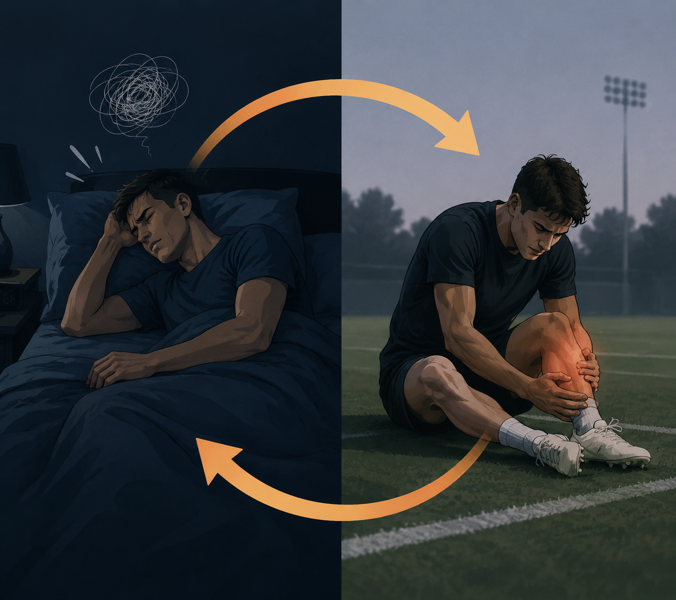 Athlete sleeping restlessly beside an injured athlete on a field, connected by a looping arrow