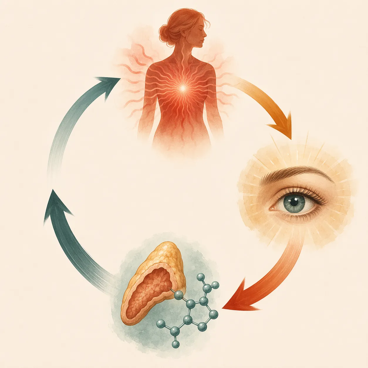 Illustration of a feedback loop connecting hot flashes, awakenings, cortisol, and more hot flashes